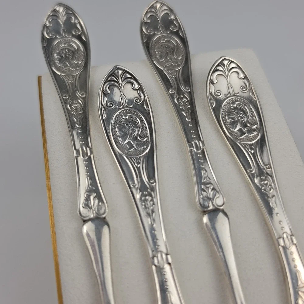 Antique Silver Nut Picks Set of 4 Helmeted Medallion Roman Warrior Design
